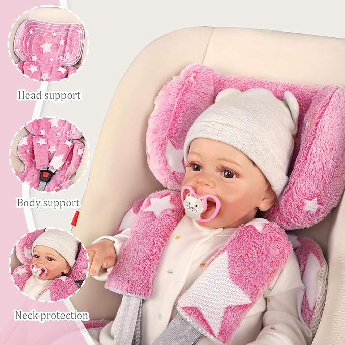 Infant Car Seat Insert Girls, Soft Flannel Baby Head Support & 2 Strap Pads, Preemie Newborn Carseat Cushion Reversible & All Season, for Stroller, Baby Swing, Rocker, Bassinets, Bouncer (Pink Star)