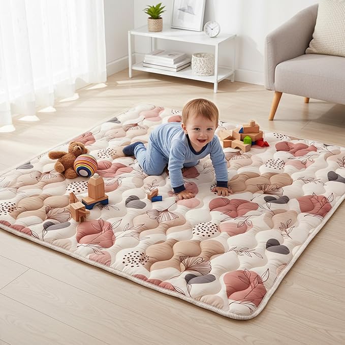 Bunnikins & Clover 50"x50" Thicken Soft Play Mat for Babies 0-6 Months, Foldable and Non Slip One-Piece Baby Crawling Mat, Washable Padded Foam Play Mat for Baby, Toddlers Infants, Tummy Time
