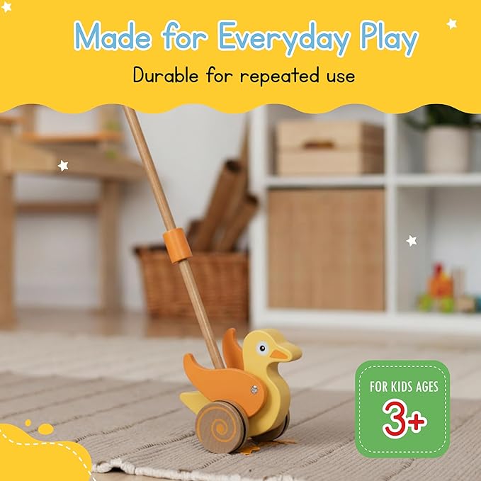 Wooden Duck Push Toy by Jack Rabbit Creations- Classic Toddler Push Toy for Early Walking, Balance and Motor Skills Development- Collapsible & Eco-Friendly- Boys & Girls Ages 1+