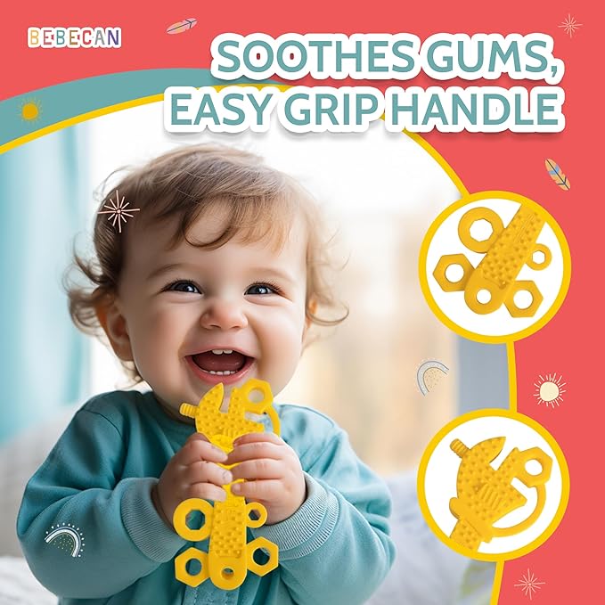 BEBECAN Teething Tools Teether for Baby - 5 Premium Food-Grade Silicone Baby Boy Teething Toys, 2 Straps for Safety and Travel Bag Tool Toys Provide Soothing Relief and Healthy Development.