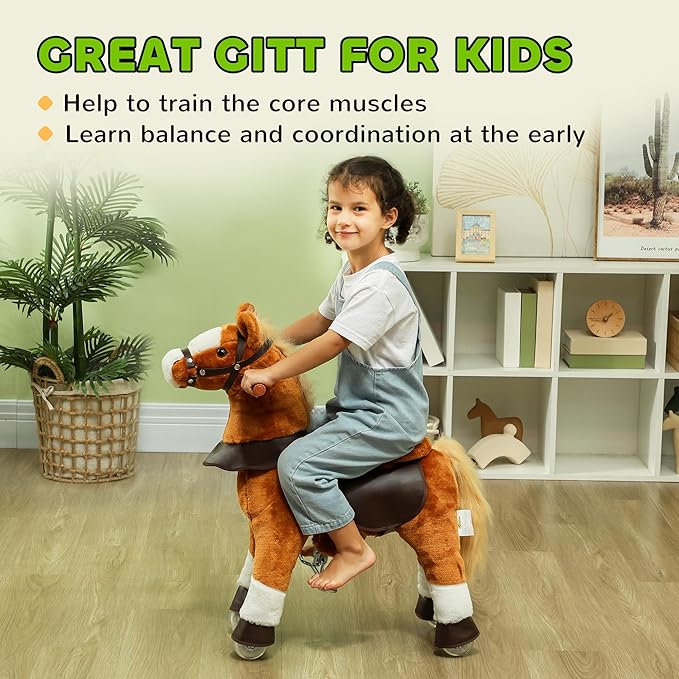 Qaba Ride on Horse, Walking Horse Toy, Kids Plush Riding Horse, Pony with Wheels & Neighing Sound for 3-5 Years Old up to 132 Pounds, Brown