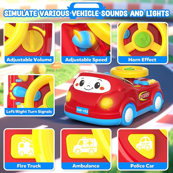 Toys for 1 Year Old Boy Gifts - 2-in-1 Toddler Push Car & Musical Racing Adventure Steering Wheel Driving Game, Interactive Simulated Driving Car for Baby 12-18 Months, Birthday Gift Ages 1-2, Red