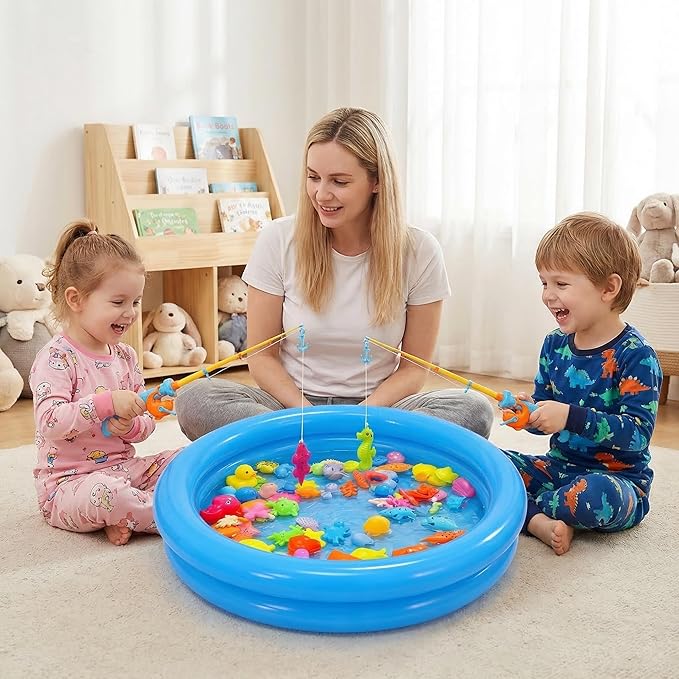 Magnetic Fishing Game Pool Toys for Kids, Water Table Bathtub Toy Fishing with Inflatable Pool, Water Bath Pool Outdoor Toys for Kids Outdoor Indoor Carnival Party Favors