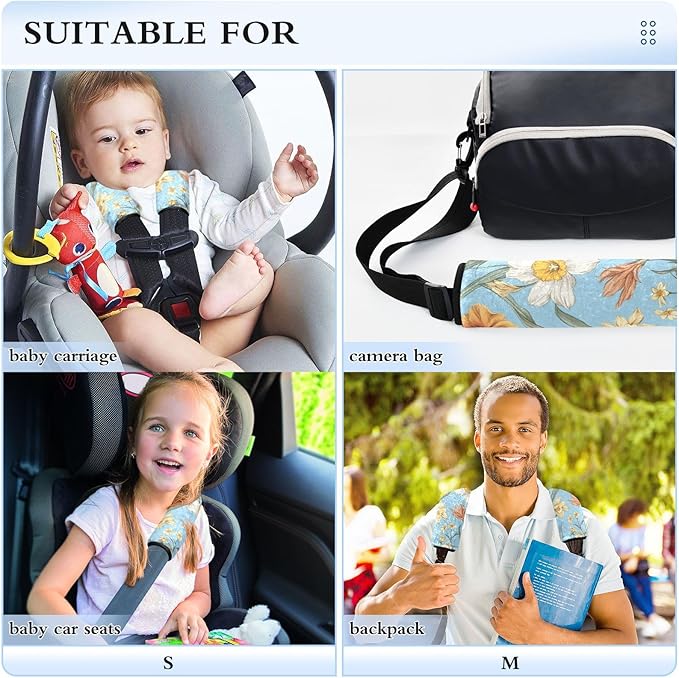 Car Seat Belt Pads 2 Pack Breathable Baby Seat Shoulder Strap Cover for Adults Youth Kids S Autumn Flowers Flower Daffodil Gladiolus Blue