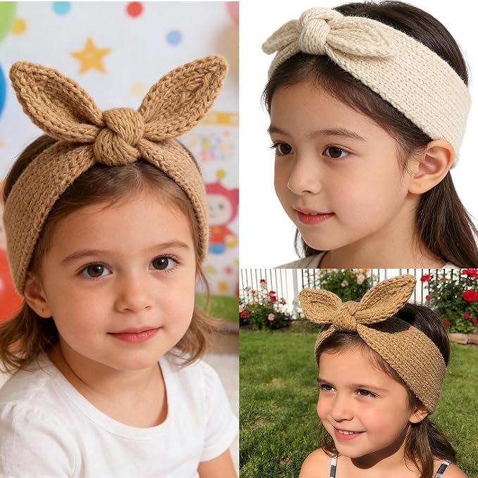 IZUS Turban Headband Baby Girl - Warm Rabbit Knot Hair Band, Knit Head Wrap for Newborn, Toddler and Children (One Size (Fit for 2 months to 7 Years), Camel + Beige)