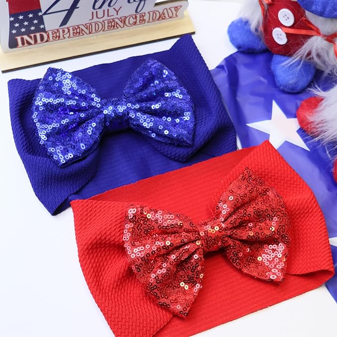 4th of July Baby Girl Accessories - Red Sequin Bow Headband, Blue Elastic Wide Hairbands for Newborns, Toddlers, Infants Gift