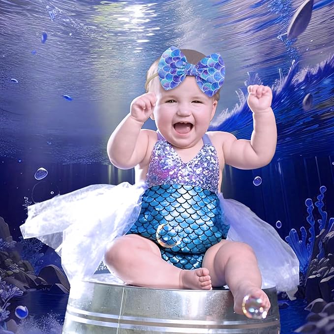4.5'' Baby Bows Handmade Headbands 6'' Printed Tied Bow Elastic Nylon Hair Accessories for Baby Girls Newborn Infant 2 Pcs mermaid