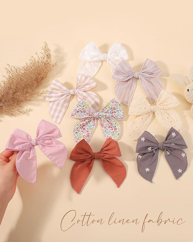 doboi 8PCS Baby Girls Hair Clips Fable Hair Bows Cotton Linen Bows for Girls Hair Accessories for Baby Toddlers Kids - Embroidery