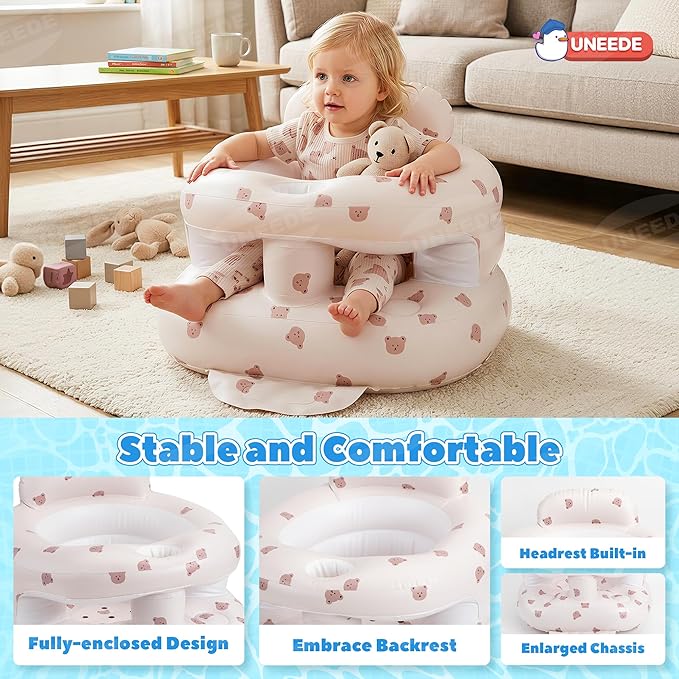 UNEEDE Inflatable Baby Seat for 3 Months & up, Infant Floor Baby Chair with Fence & Built in Air Pump, Lightweight Travel Baby Bath Seat for Home, Camping, Beach & Outdoor