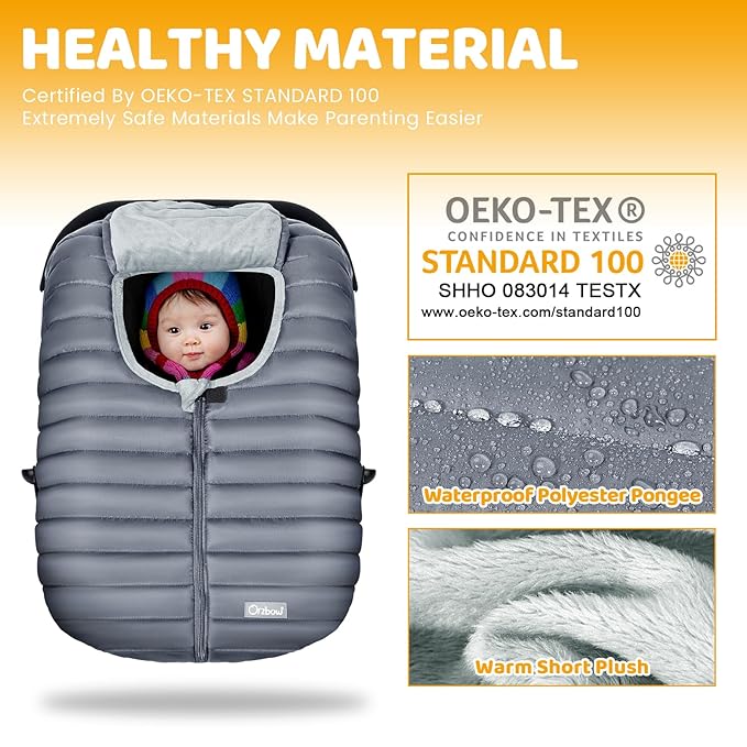 Orzbow Winter Car Seat Cover - Baby Car Seat Cocoon Cover for Boys & Girls, Warm Plush Carseat Canopy Cover to Protect Baby from Wind, Waterproof, Universal Fit for Infant Car Seat, Grey