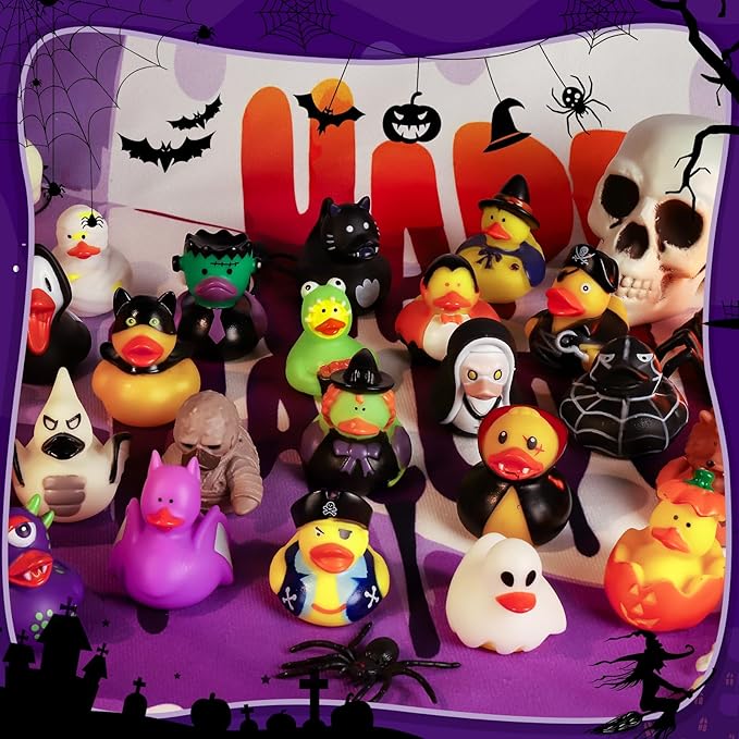 24 PCS Halloween Rubber Ducks with Bag, Bulk Halloween Ducks Toys for Jeeps Ducking Party Favors Goodie Bag Stuffers, Horror Ducks for Halloween Treats Non Candy Prizes Bath Toys Gifts for Kids