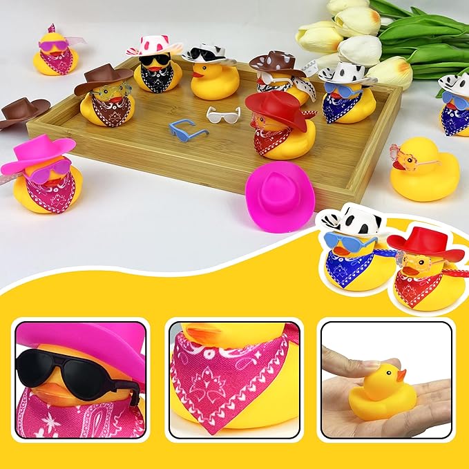 12 Sets Cowboy Ducks with Mini Hat Scarf and Sunglasses Mini Bath Duck Toys for Birthday Swimming Party Gift Favor Decorations