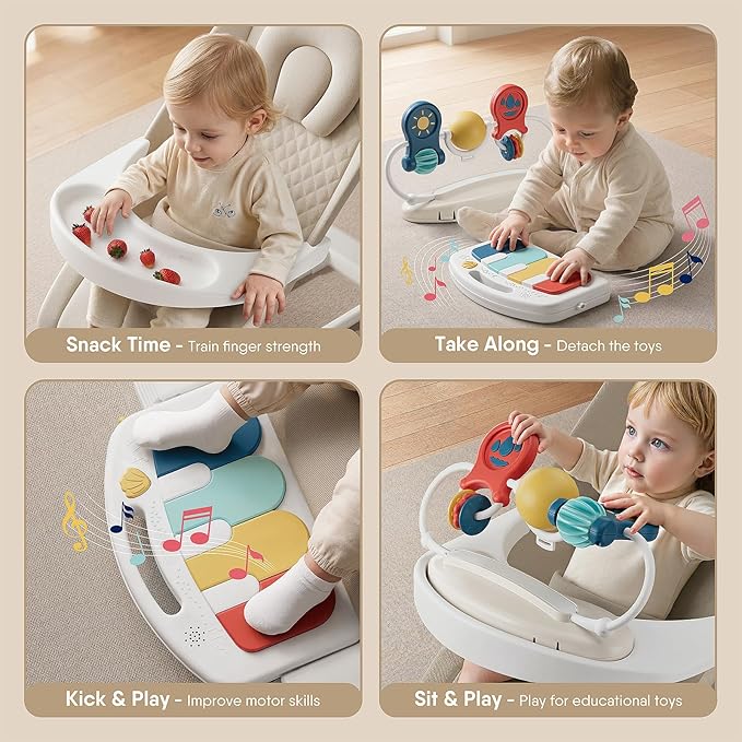 Monamii Baby Bouncer, Baby Bouncer Seat with Detachable Pianos & Feeding Tray, 3-Level Adjustable Positions Bouncing Seat, Infant Bouncer Seat and Toddler Chair (Beige)