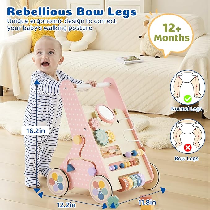 Pink Baby Push Walker for Girls 10+ Months, Wooden Baby Walker Push Toy with Storage, Learning to Walk, Montessori Walker Toy with Wheels, Toddler Activity Center for 12-18 Months