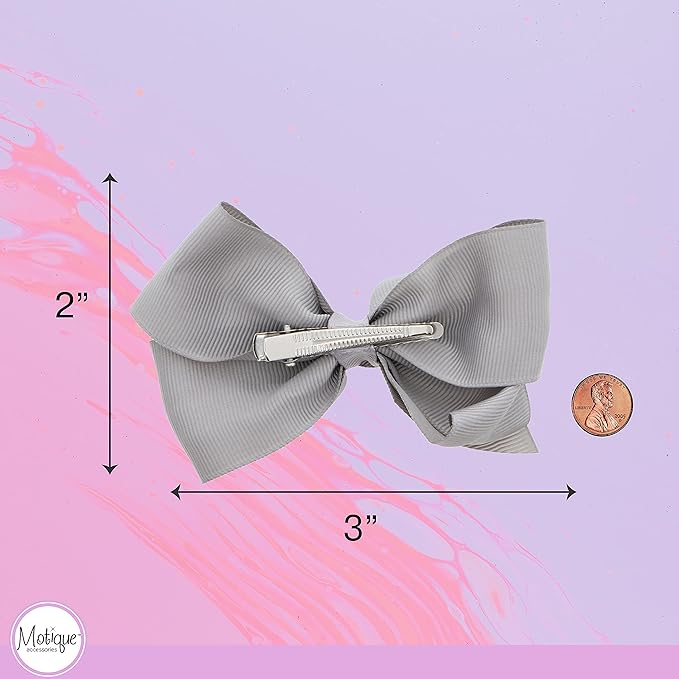 3 Inch Grosgrain Bow for Little Girls- Set of 2 (Grey)