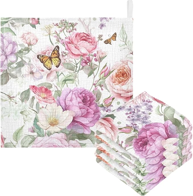 Bolaz Baby Gauze Towels for Kids Soft Handkerchief Newborn 100% Cotton Pink Rose Flower Butterfly Green Leaves Absorbent 12x12 Inch 3 Pack