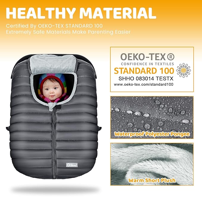 Orzbow Car Seat Cover Baby, Winter Car Seat Cover for Infant Boys & Girls, Warm Carseat Covers Baby with Plush Lining for Cold Weather, Waterproof, Universal Fit, Newborn Must Have, Dark Grey