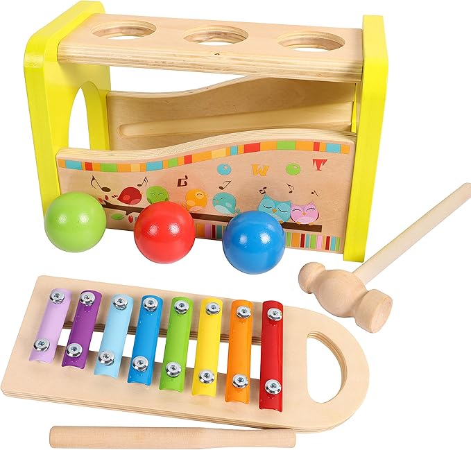 TOWO Wooden Hammer Ball and Xylophone Set - Mallet and Pegs Pound a Ball Tap Bench- Toys for Babies 1 Year Old Baby Boy Girl Toddler Gift - Small Motor Skill Sensory Musical Activity Toys for Kids