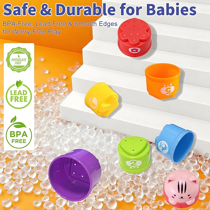 WEEJOYGAM Baby Stacking Cups, Nesting Stacking Toys for Toddlers 1-3, Infant Easter Basket Stuffers Birthday Gift 6 9 12 18 Month 1 Year Old Boy Girl, Kids Montessori Sand Bath Stackable Block Age 1-2