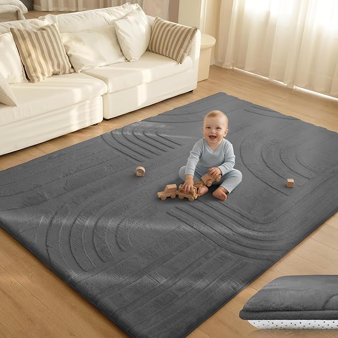 1.3" Extra Thick Fluffy Baby Play Mat for Floor,5'×7 'Large Padded Kids Rug with Ultra Soft 3D Carved Faux Rabbit Fur,Non-Slip Carpet Nursery Rug Area Rug for Playroom Living Room(Charcoal)