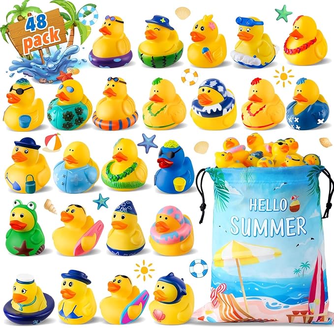 48 Pcs Summer Rubber Ducks with a Bag, Rubber Ducks for Ducking, Beach Ducks for Jeeps, Water Games Duckies, Swimming Pool Cruise Toys, Summer Holiday Party Favors, Easter Basket Stuffers for Kids