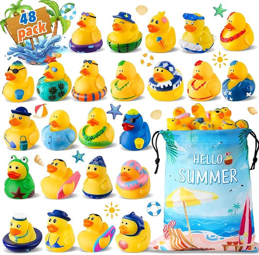 48 Pcs Summer Rubber Ducks with a Bag, Rubber Ducks for Ducking, Beach Ducks for Jeeps, Water Games Duckies, Swimming Pool Cruise Toys, Summer Holiday Party Favors, Easter Basket Stuffers for Kids