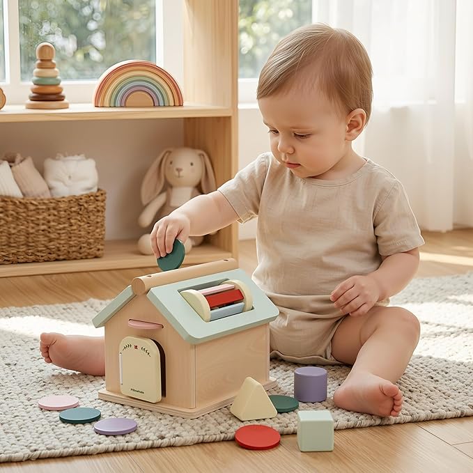 Pillowhale Montessori Activity Cube for Toddlers 1+, Wooden 5-in-1 Learning Toy with Object Permanence Box, Shape Sorting & Stacking, Fine Motor Skills Toy for Baby Boys Girls