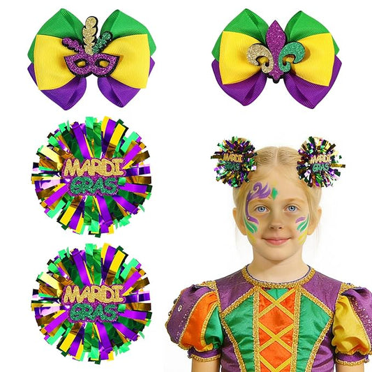 CN 4 PCS Mardi Gras Hair Bows for Girls, Purple Yellow Green Hair Clips Glitter Grosgrain Ribbon Bows with Alligator Clips,Mardi Gras Hair Accessories with Mask for Toddler Kids Teens Parade