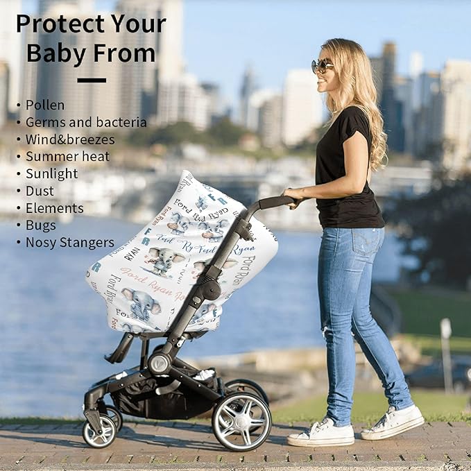 Personalized Baby Car Seat Covers for Babies, Custom Elephant Nursing Breastfeeding Carseat Canopy with Name, Infant Stroller Covers for Newborn Girls Boys, Breathable Carseat Cover