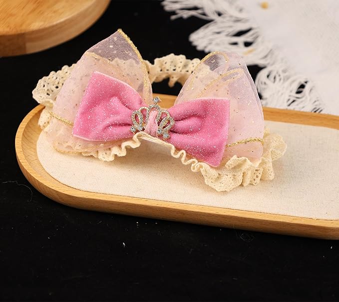 Cute Lace Bow Baby Girls Headbands Large Knot Hair Band Soft Chiffon Hairband Elastic Shower Hair Accessories for Newborn Infant Toddler Kids (Crown, Elastic)