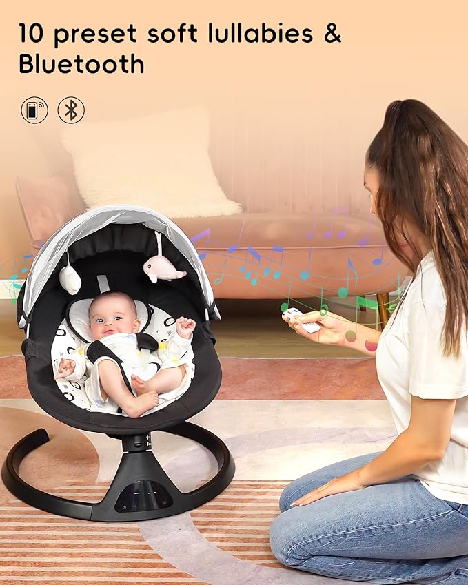 Baby Swing for Infants to Toddler Electric Newborn Swing with 5-Speed 5-Point Carabiner,with Bluetooth Music 10-Preset Melodies, Indoor and Outdoor use Black