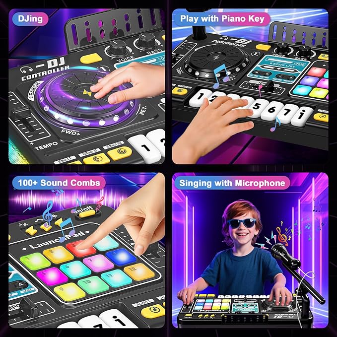 DJ Mixer for Kids, Toddler DJ Mixing Table with DJ Turntable, Game Mode, Light & Speed Control and Microphone, Gifts for 3 4 5 6 Years Old Boys Girls - Kid DJ Mixer Set