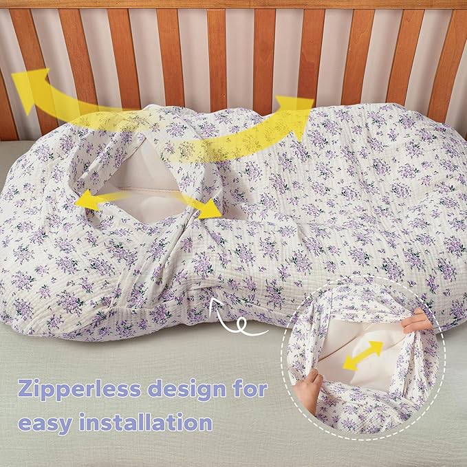 FUNUPUP Muslin Baby Lounger Cover Compatible with Snuggle Me Lounger, Infant Pillow Cover for Newborn, Removable Nest Slipcover for Boys and Girls, Only Cover, Purple&Purple Floral