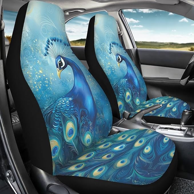 Fashion Peacock Car Seat Covers Set of 2 Waterproof Universal Vehicle Front Seats Interior Protector Easy to Install Interior Protection Suitable Fits Most Car Auto SUV Sedan Truck
