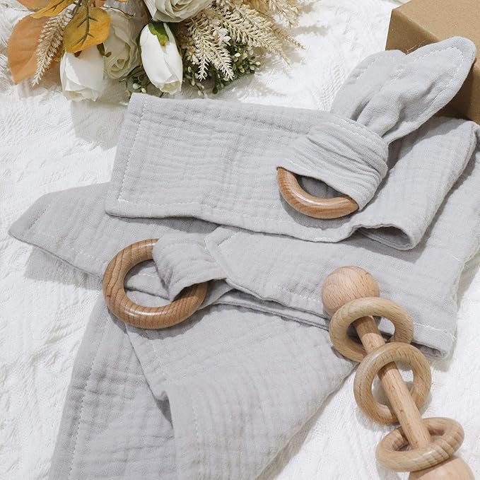 Baby Lovey, Wood Rattle, Teether Ring, 3 Pack Montessori Gift, Gray, Cotton, Double Gauze, Baby Shower, Gender Neutral Gift