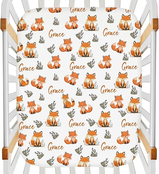 Personalized Cute Fox Pack N Play Sheets Fitted for Standard Pack and Plays, Mini Cribs, Playard,Playpen - Customized Name Mini Cribs Mattress Fitted Sheet for Baby Girls Boys - Soft Breathable