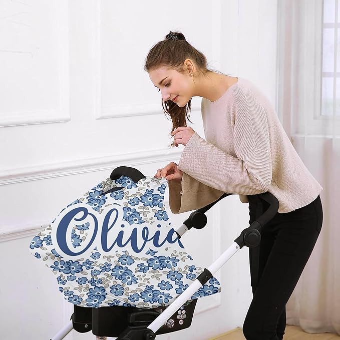 Custom Car Seat Covers for Babies - Breathable Baby Car Seat Cover for Girls Boys, Blue Pattern Kick-Proof Newborn Carrier Canopy Stretchy Stroller Cover for 4 Seasons