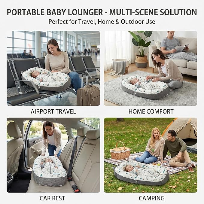 Baby Lounger for Newborn, 0-12 Months, Portable Infant Lounger Pillow with Adjustable Support, Soft Breathable Cover, Folds Into Backpack for Travel, Ideal for Home & Outdoor Use - White