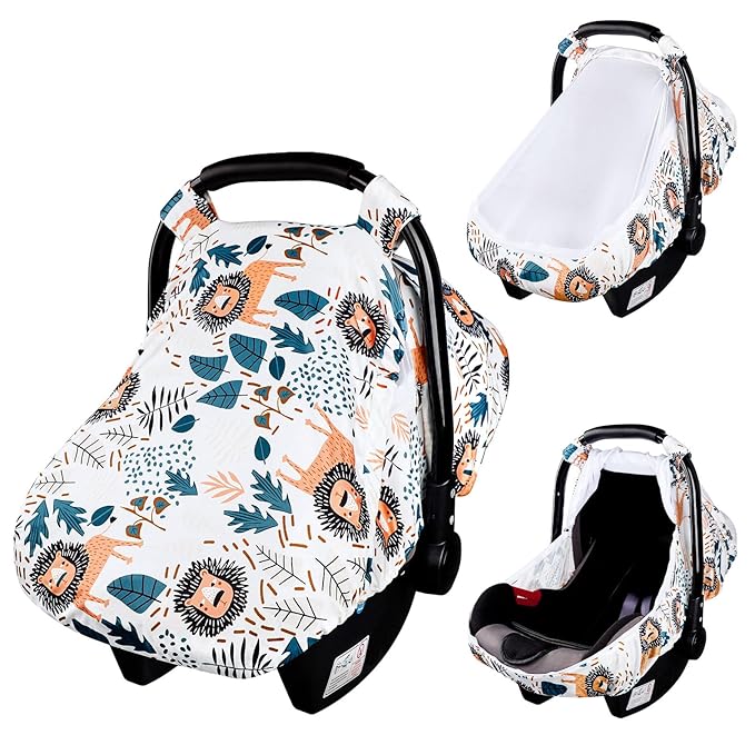 SWESEN Car Seat Covers for Babies, Lion Baby Car Seat Cover with Zipper Mesh, Carseat Cover Boy, Stretchy Infant Carseat Canopy, Animal