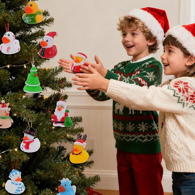 18pcs Christmas Mini Rubber Ducks Toys, Bath Duck Bulk Float Duck Baby Showers Accessories, Bath Toys for Kids Christmas Birthday Party Favors Gift Classroom Summer Beach Pool Party Games