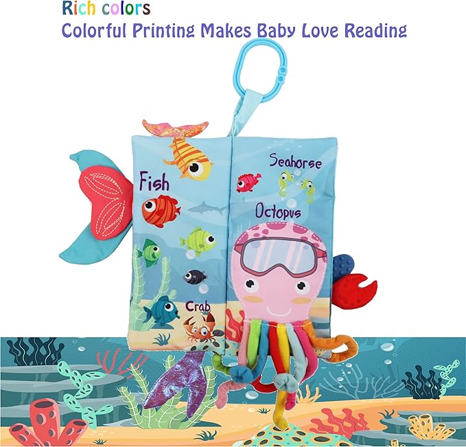 bebe mondo Fish Crinkle Baby Books 0-6 Months, Newborn Infant Tummy Time Toy High Contrast Sensory Baby Toys 6 to 12 Months Touch Feel Books, Shower for Boy Girl 1 Year Old, Shark