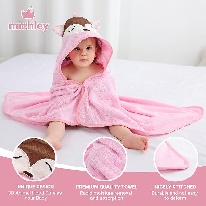 MICHLEY Bamboo Viscose Baby Hooded Bath Towel for 0-5 Years Boys and Girls, 29.5 x 39.5 Inch Ultra-Soft and Quick-drying Infant Bath (Pink Fox)