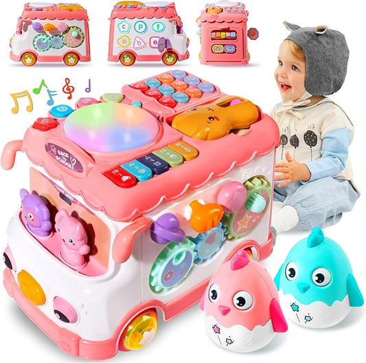 Toys for 1 Year Old Girl Gifts, 10-in-1 Montessori Toys Bus for Baby 6-12 12-18 Months, Educational Musical Learning Toddler Toy Age 1-2, 1st First Birthday Gifts for Girls and Boys, Pink