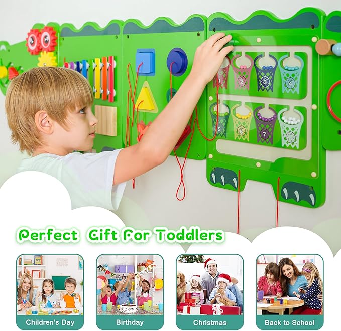 Spacocld Crocodile Sensory Toys Activity Wall Panels - Montessori Busy Board, Toddler Learning Panel, Wall-Mounted Playroom/Daycare Educational Toys, Interactive Wooden Gift for Kids 3-6, Green