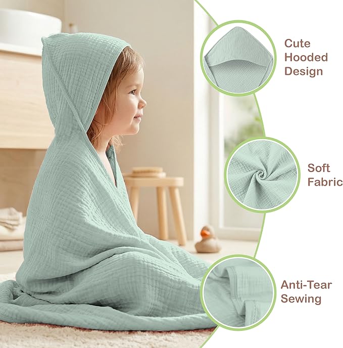 100% Organic Cotton Muslin Baby Hooded Towels - 32x32 Inch, 2 Pack Newborn Bath Towels for Boys & Girls, Soft & Absorbent Bath Set (Green/Mint Green)