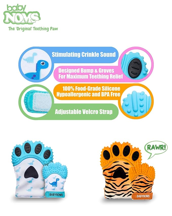 ® Teething Mitten 2-Pack Bundle | Dino Blue & Tiger Orange Teether Paws