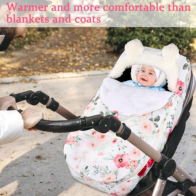 Car Seat Covers for Babies Winter, Flower Carseat Cover Girls, Zipped Cozy & Warm Cover, Universal, Ultra-Soft Breathable, Removable Design Infant Car Seat Canopy