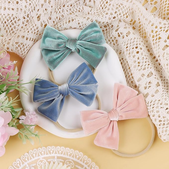 4'' Baby Velvet Gloss Bows Handmade Headbands Tied Bow Elastic Nylon Hair Accessories for Baby Girls Newborn Infant 3 Pcs Light Blue Aqua Pink