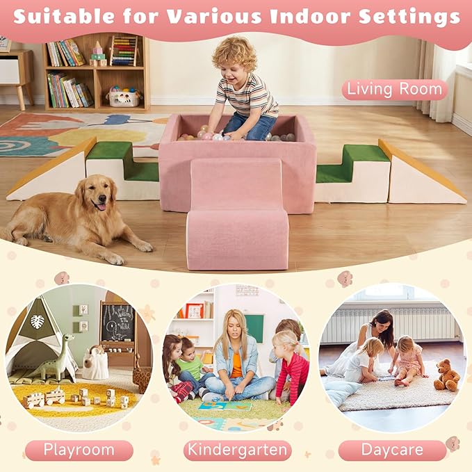 6-Piece Modular Foam Climbing Blocks for Toddlers 6-24 Months, Oeko-TEX Certified Soft Play Set with Large Ball Pit, Pink Indoor Crawling Toys for Baby Girls (Balls Not Included)
