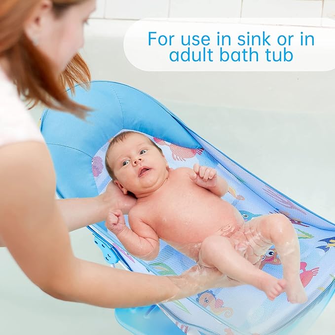 Foldable Baby Bather With 3 Adjustable Reclining Positions for Use in Sink or Bathtub - Newborn Infant Support 0-12 Months (Blue-01)